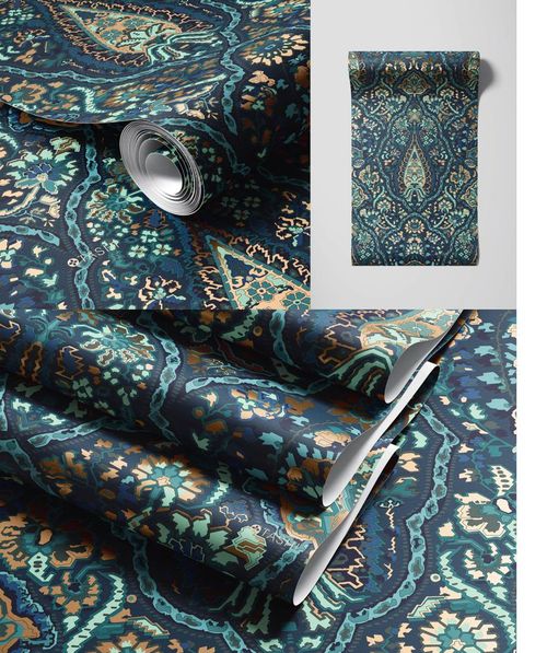 Detailed PSD mockup of paper wallpaper rolls featuring ornate blue and gold pattern, displayed on a neutral background.