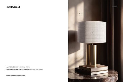 PSD mockup of a brass table lamp with a cylindrical base and grid-patterned drum shade, shown in a sunlit room.