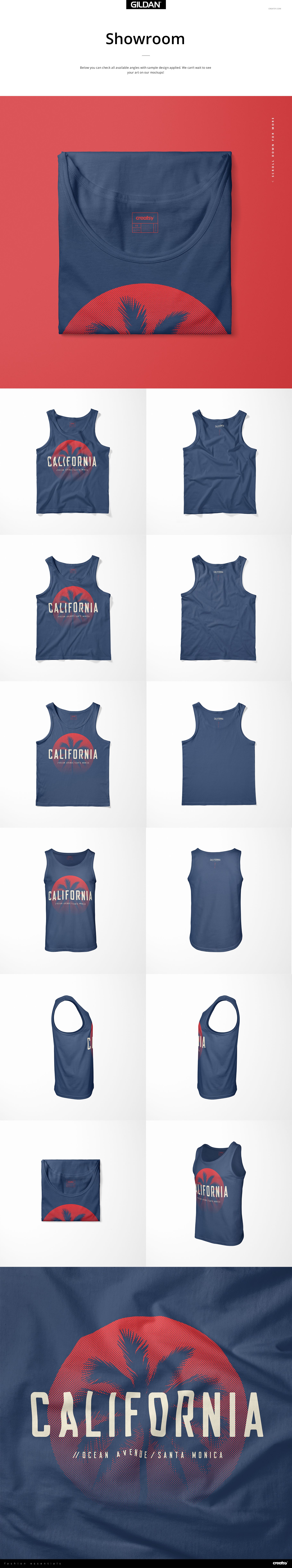 Adult tank top mockup set featuring a navy blue sleeveless shirt with California print, shown from multiple angles.