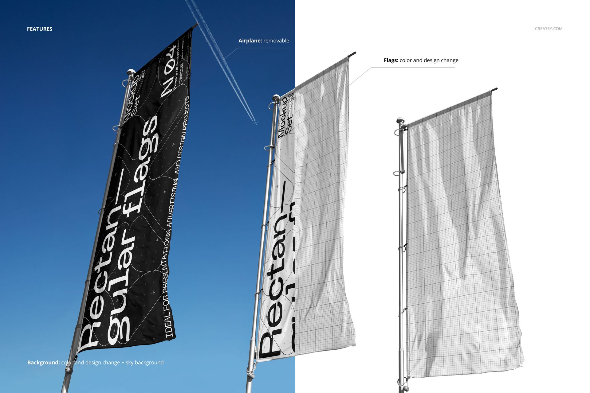 Two rectangular flag mockups on vertical poles, featuring contrasting black and white designs, outdoor scene with sky.