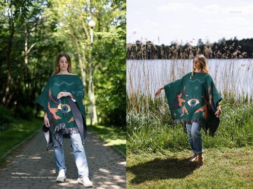 Mockup of a woven poncho featuring abstract designs, displayed on a model in a park and by a lakeside.