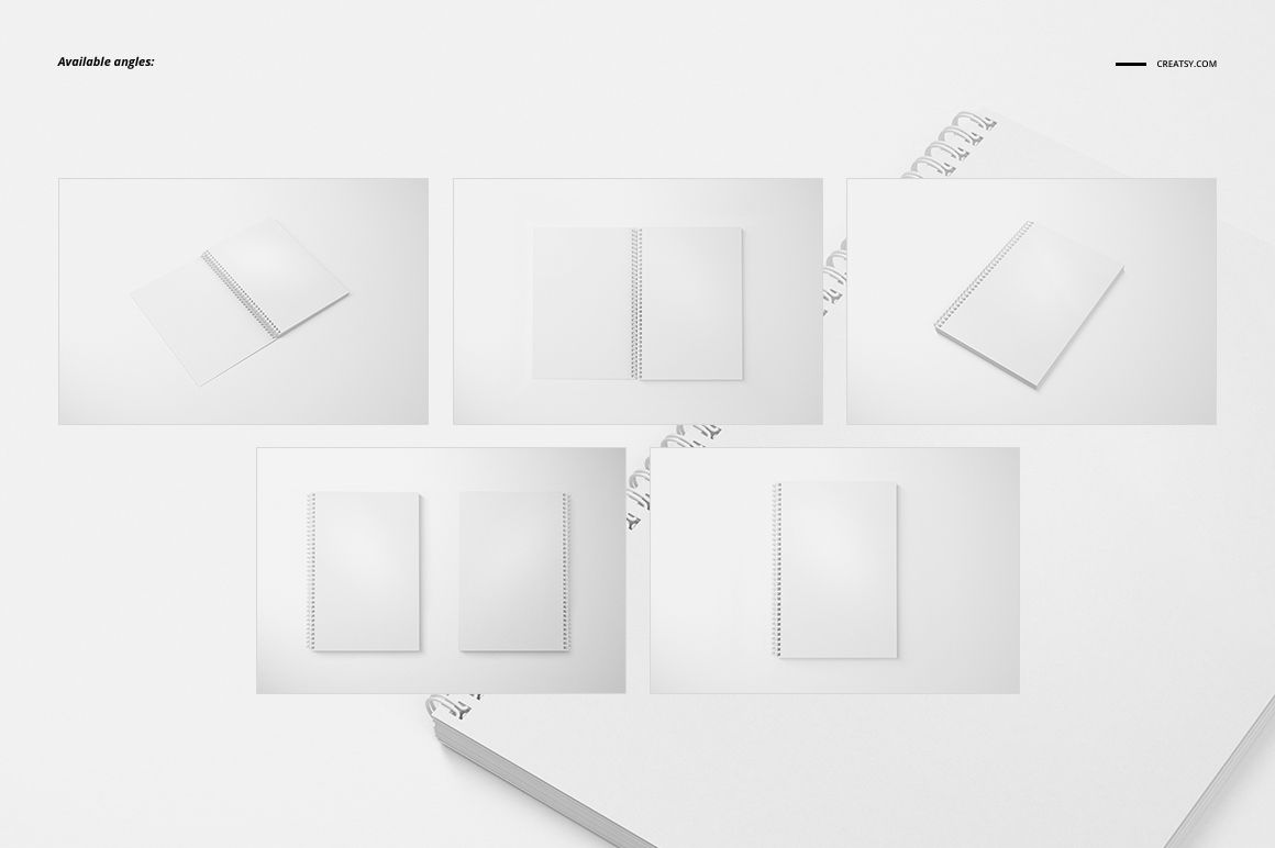 A4 notebook mockup set with square holes, featuring five white spiral-bound notebooks shown from various angles on a light background.