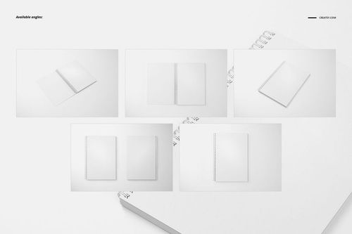 A4 notebook mockup set with square holes, featuring five white spiral-bound notebooks shown from various angles on a light background.
