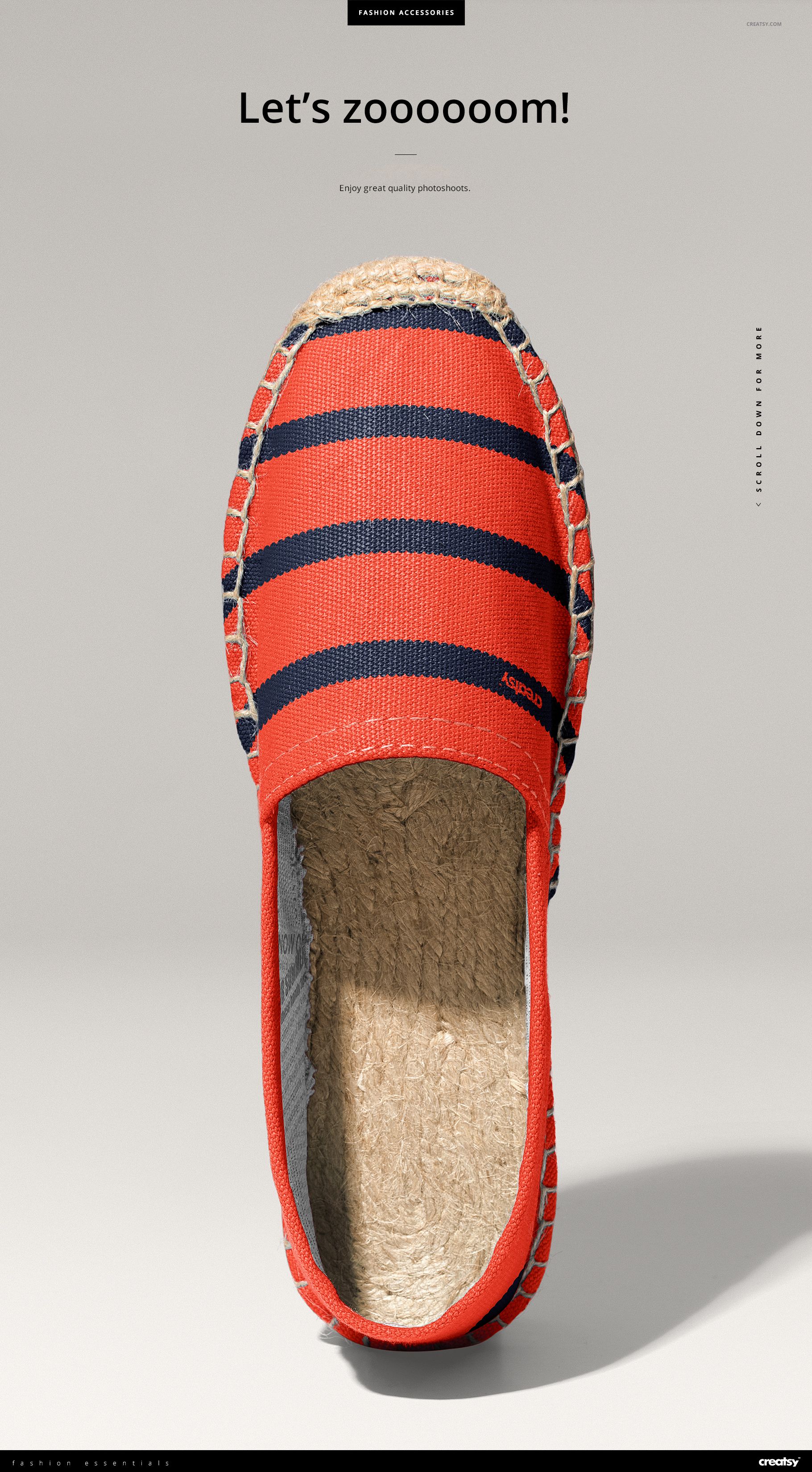 Single canvas espadrille mockup displayed from above, featuring bold red and navy stripes and woven sole detail.