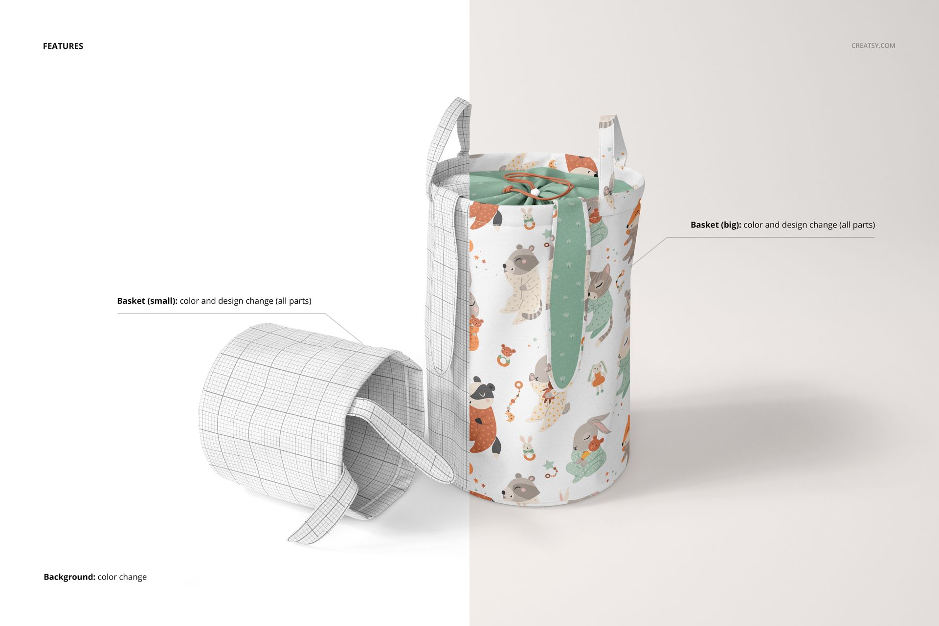 PSD mockup of kids storage baskets, including a patterned basket with animals and a blank grid basket, on a neutral surface.