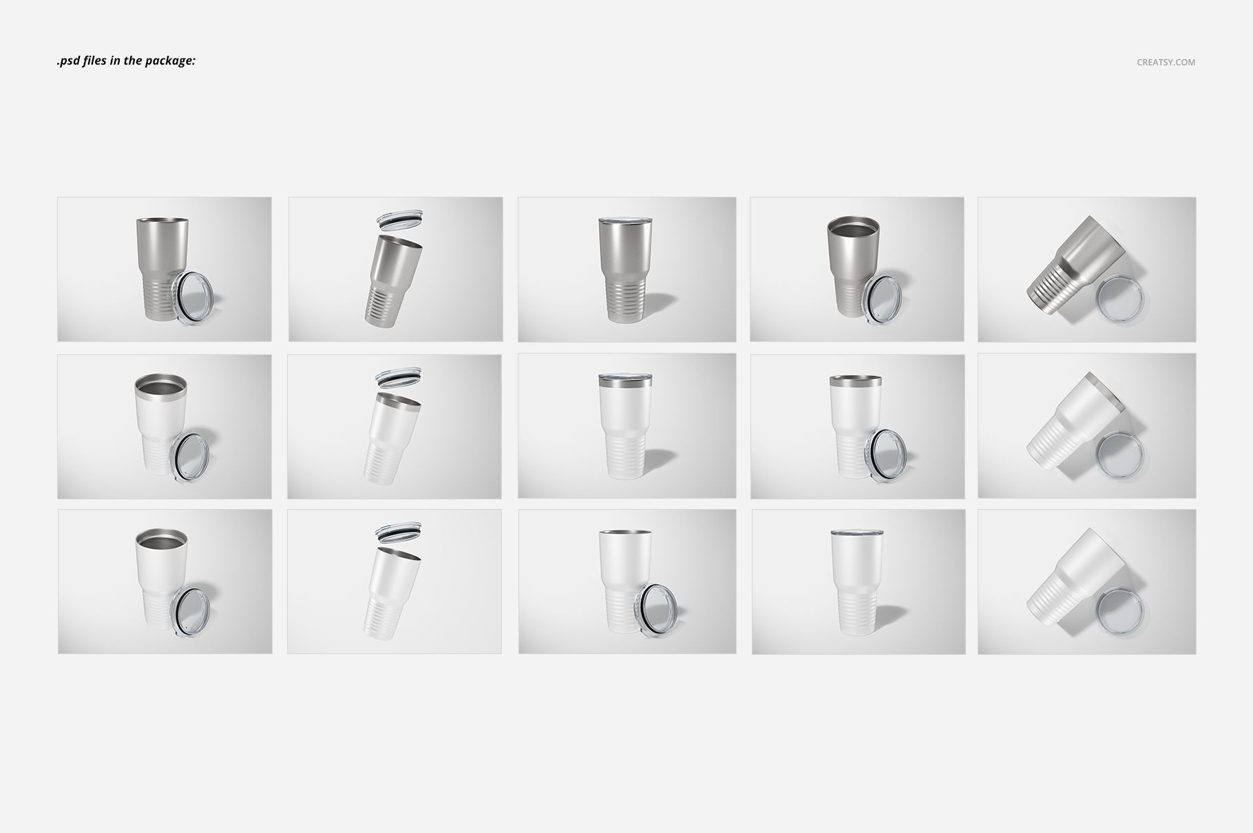 Collection of ringneck tumbler mockups, including front, side, and tilted views, some with lids placed beside or on top.