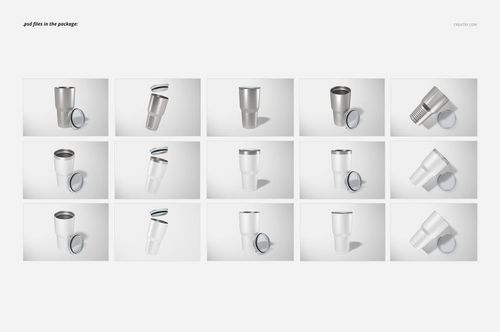 Collection of ringneck tumbler mockups, including front, side, and tilted views, some with lids placed beside or on top.