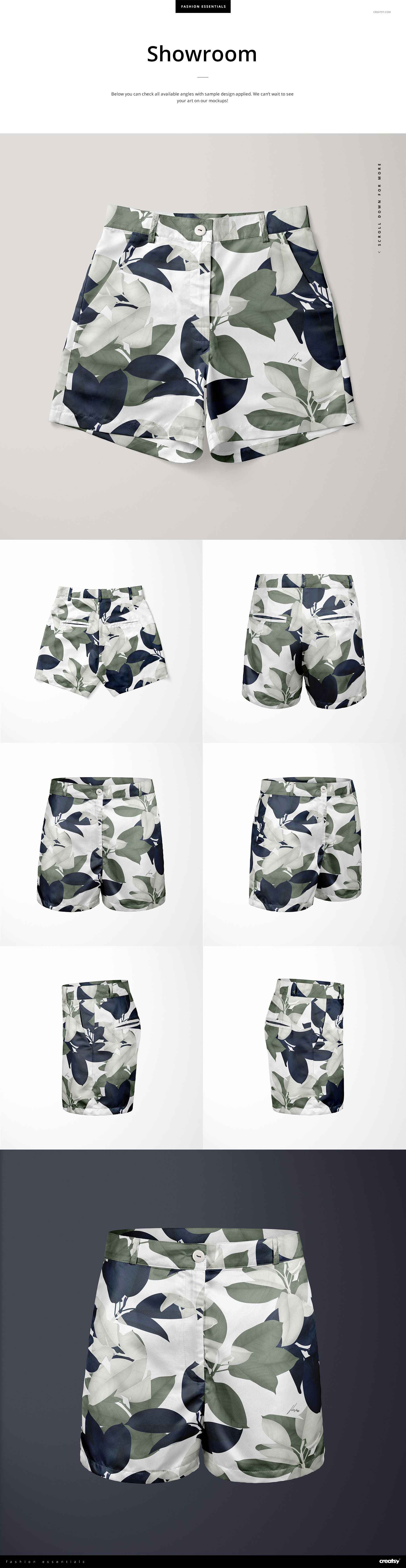 Women’s polyester shorts mockup featuring a green and navy abstract leaf pattern, shown in flat lay and ghosted views.