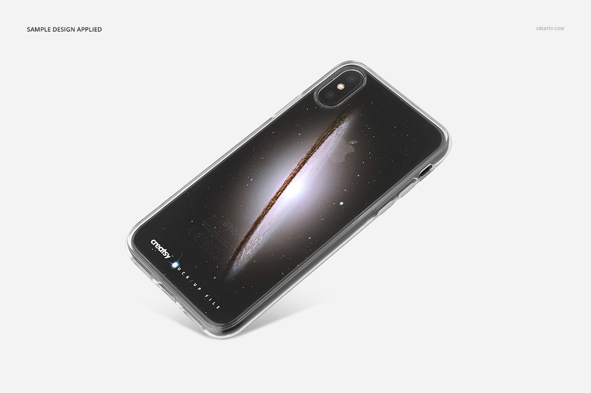 Clear iPhone X case mockup featuring a black phone with a cosmic galaxy design, shown at an angled top view on a white background.