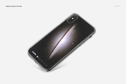 Clear iPhone X case mockup featuring a black phone with a cosmic galaxy design, shown at an angled top view on a white background.