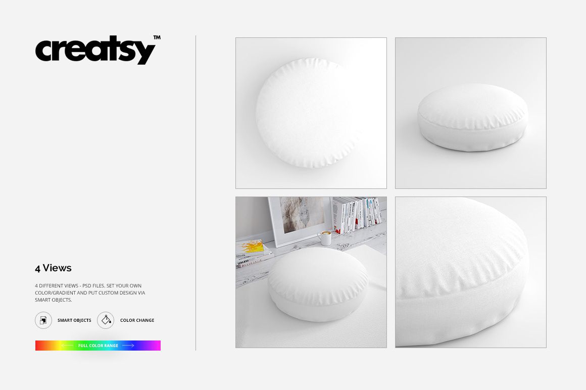 Round cotton pillows in white displayed in a set of four mockup views, including top and close-up perspectives.