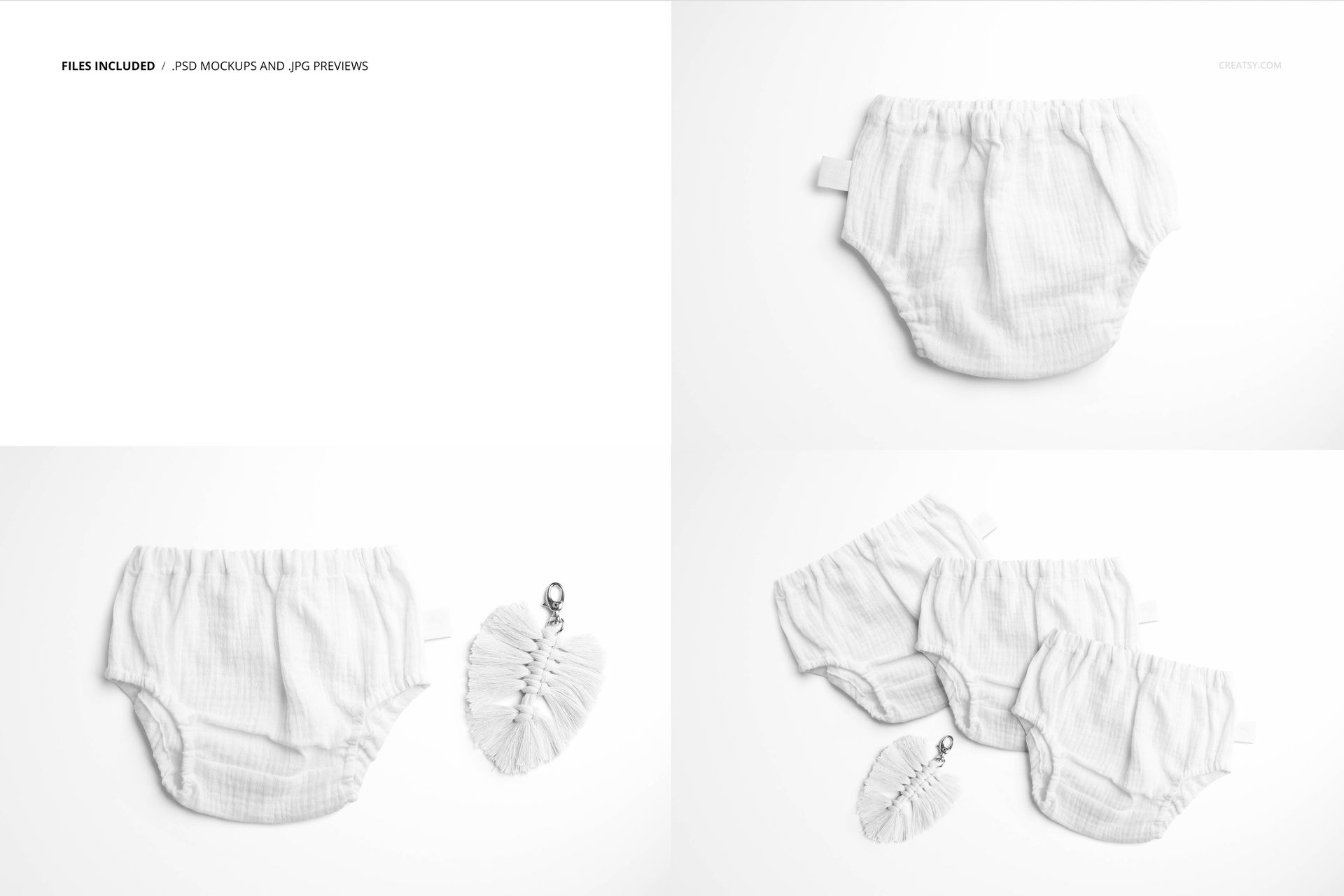 PSD mockup featuring three white muslin baby pants and a leaf-shaped accessory, presented in a top-down perspective.