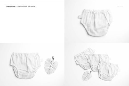 PSD mockup featuring three white muslin baby pants and a leaf-shaped accessory, presented in a top-down perspective.