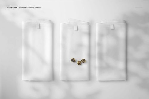PSD mockup showing three folded silk scarves in a row on a light background, with gentle shadow effects and three gold buttons.