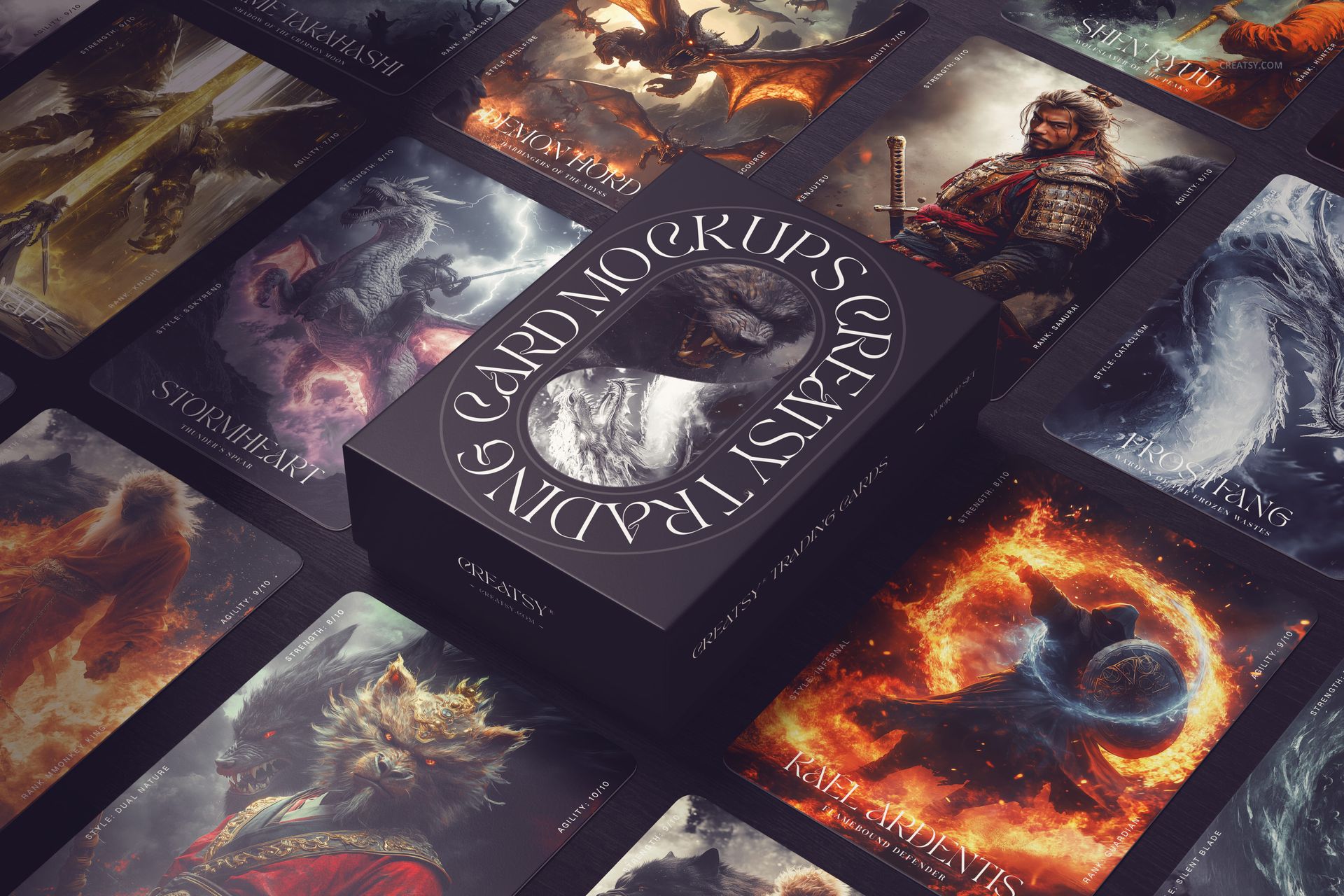 Top view of trading cards mockup bundle with fantasy-themed illustrations and a central black card box.