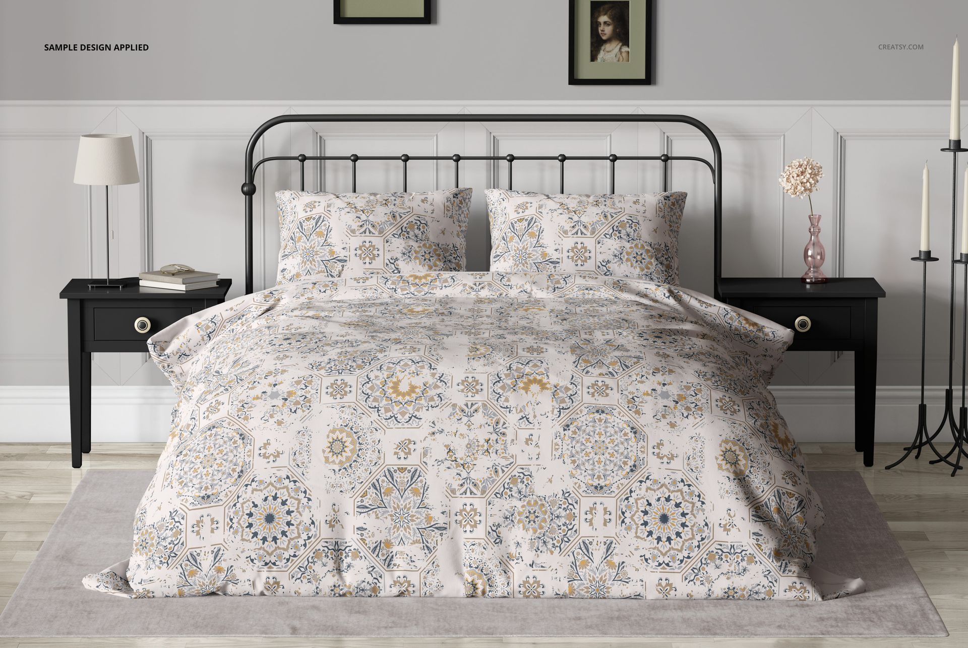 PSD mockup of a bedroom featuring a metal frame bed with detailed bedding design, flanked by candles and decorative props.