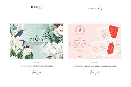 Front view of two stationery card mockups, one featuring floral patterns and the other with pink Valentine’s designs.