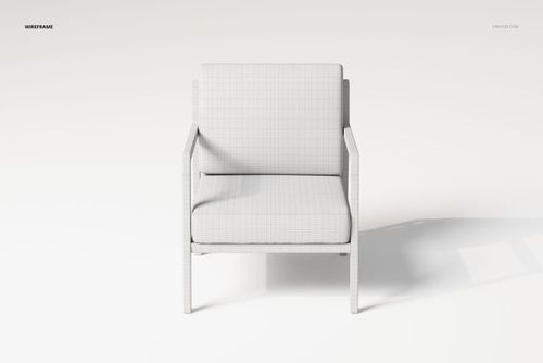 Front view of a modern lounge chair 3D model in white with visible wireframe grid texture on a plain background.