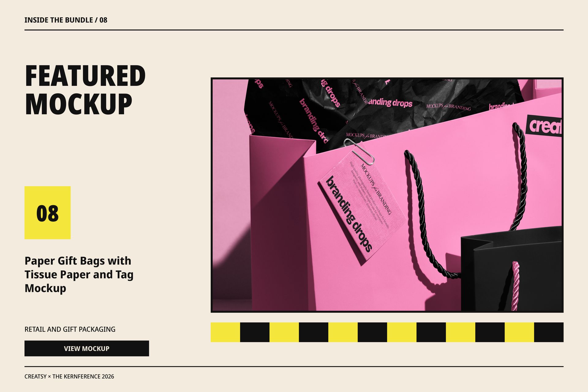 Paper Gift Bags with Tissue Paper and Tag Mockup
