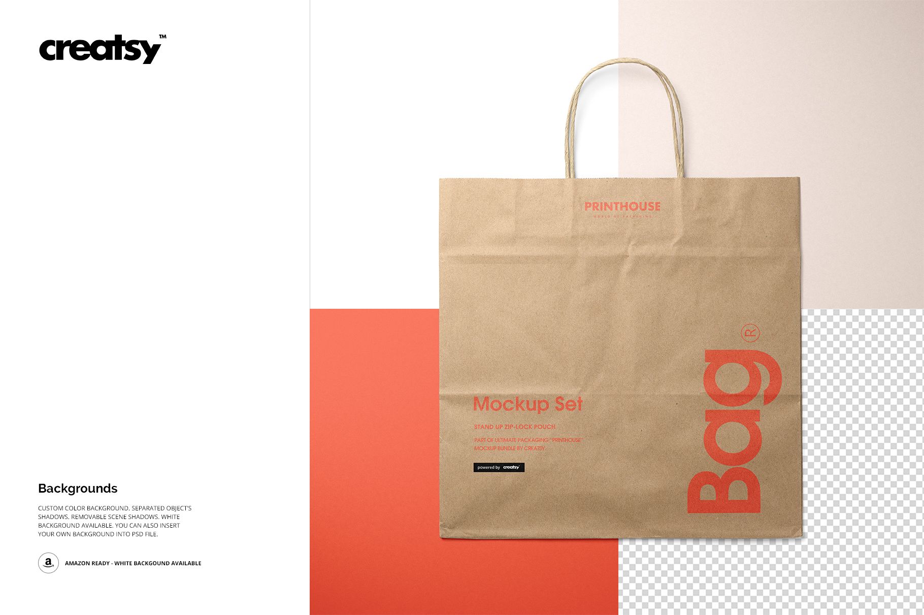 Mockup of a brown kraft paper shopping bag with printed text, shown on a split white, coral, and transparent backdrop.