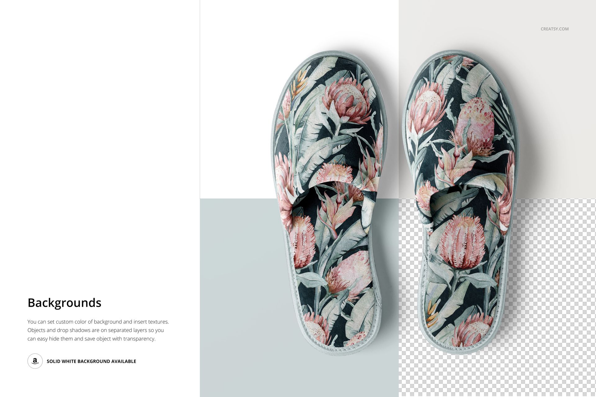 Flat lay of two slippers featuring a botanical print, displayed on a light and transparent mockup background.