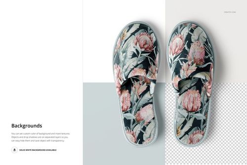 Flat lay of two slippers featuring a botanical print, displayed on a light and transparent mockup background.