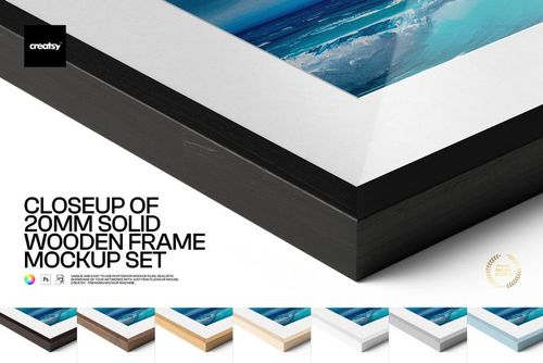 Close-up view of a solid wooden frame mockup featuring a black border and white mat, displaying ocean artwork.
