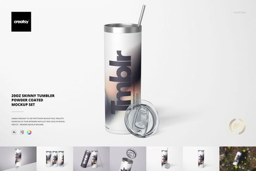 Front view of a 20oz powder coated skinny tumbler with a stainless steel lid and straw, standing on a white surface.