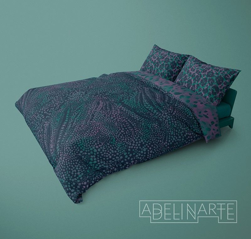 Bedding mockup featuring a double bed with a duvet and two pillows, all covered in a purple and teal abstract dotted pattern.