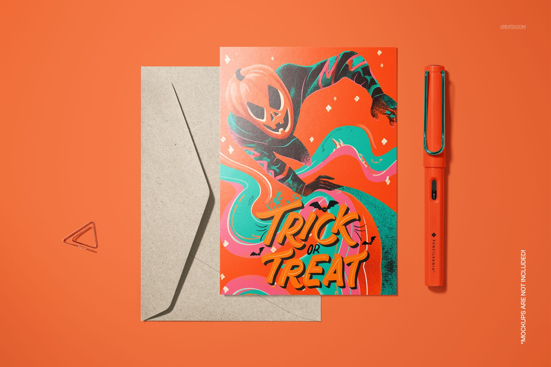 Front view of a Halloween-themed 5x7 card mockup featuring a vibrant pumpkin hero illustration and trick or treat text.