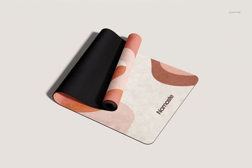 Yoga mat mockup featuring a soft microfiber suede surface, abstract curved design, and visible Namaste text.