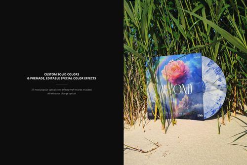 PSD mockup showing a vinyl record and album cover with vibrant flower artwork set in natural reeds and sand.