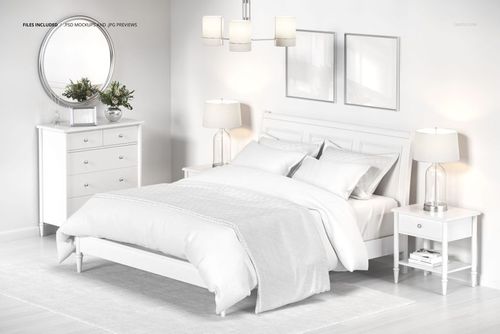 Front view of a bedroom mockup featuring a white bedding set, matching furniture, lamps, and wall decor in soft tones.