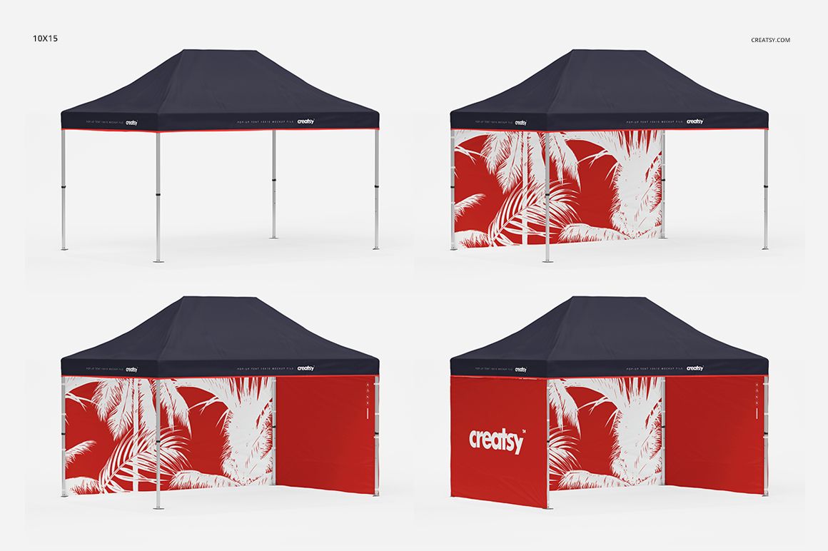 Set of pop-up tent mockups in various sizes, shown from front and angled views with dark blue roofs and red patterned walls.