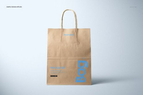 Kraft paper shopping bag mockup featuring a plain brown surface and blue printed text, shown from the front.