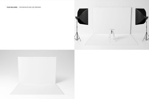 Photography backdrop mockup set featuring a white framed backdrop, studio lights, and a stool in a minimalist studio.