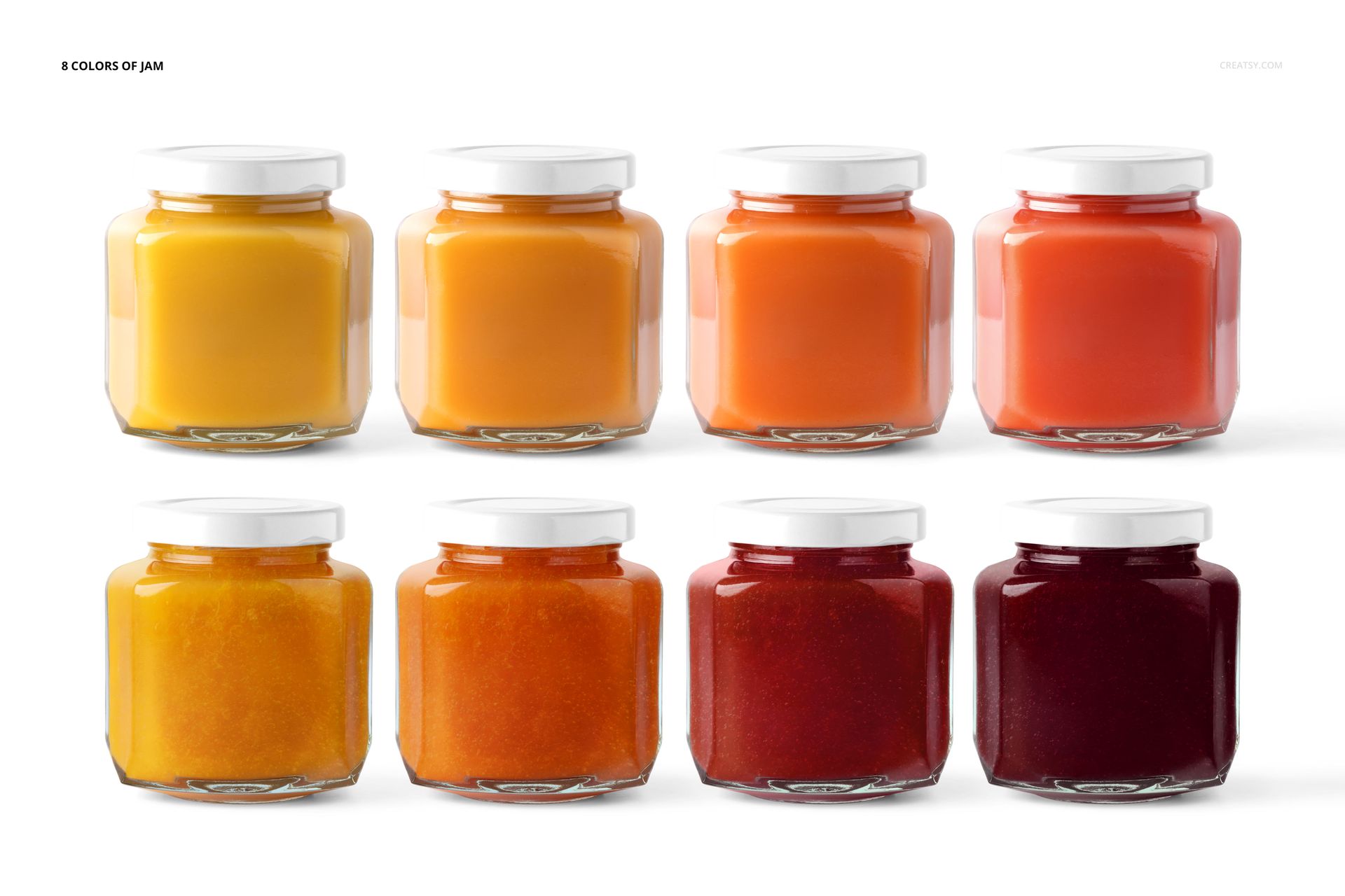 PSD mockup showing a set of jam jars in assorted colors, displayed on a white background with clear labeling space.