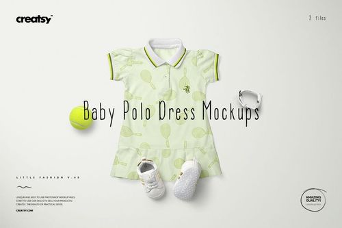 Light green baby polo dress mockup with tennis-themed print, shown alongside white shoes and a pacifier on a plain background.