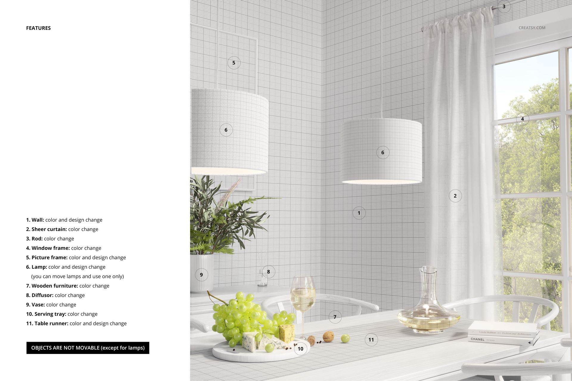 PSD mockup of two white grid-patterned lamp shades suspended over a table set with grapes, wine, and glassware.