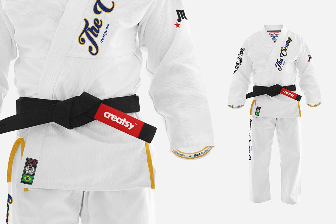 Front view of a white Brazilian Jiu Jitsu gi mockup with embroidered details, black belt, and subtle colored trim.