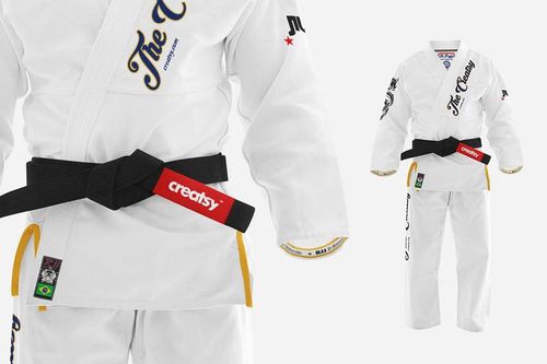 Front view of a white Brazilian Jiu Jitsu gi mockup with embroidered details, black belt, and subtle colored trim.
