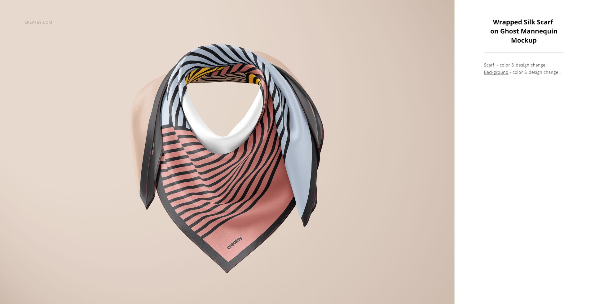 Silk scarf mockup shown on a neutral background, with bold striped patterns in pink, black, and muted colors.