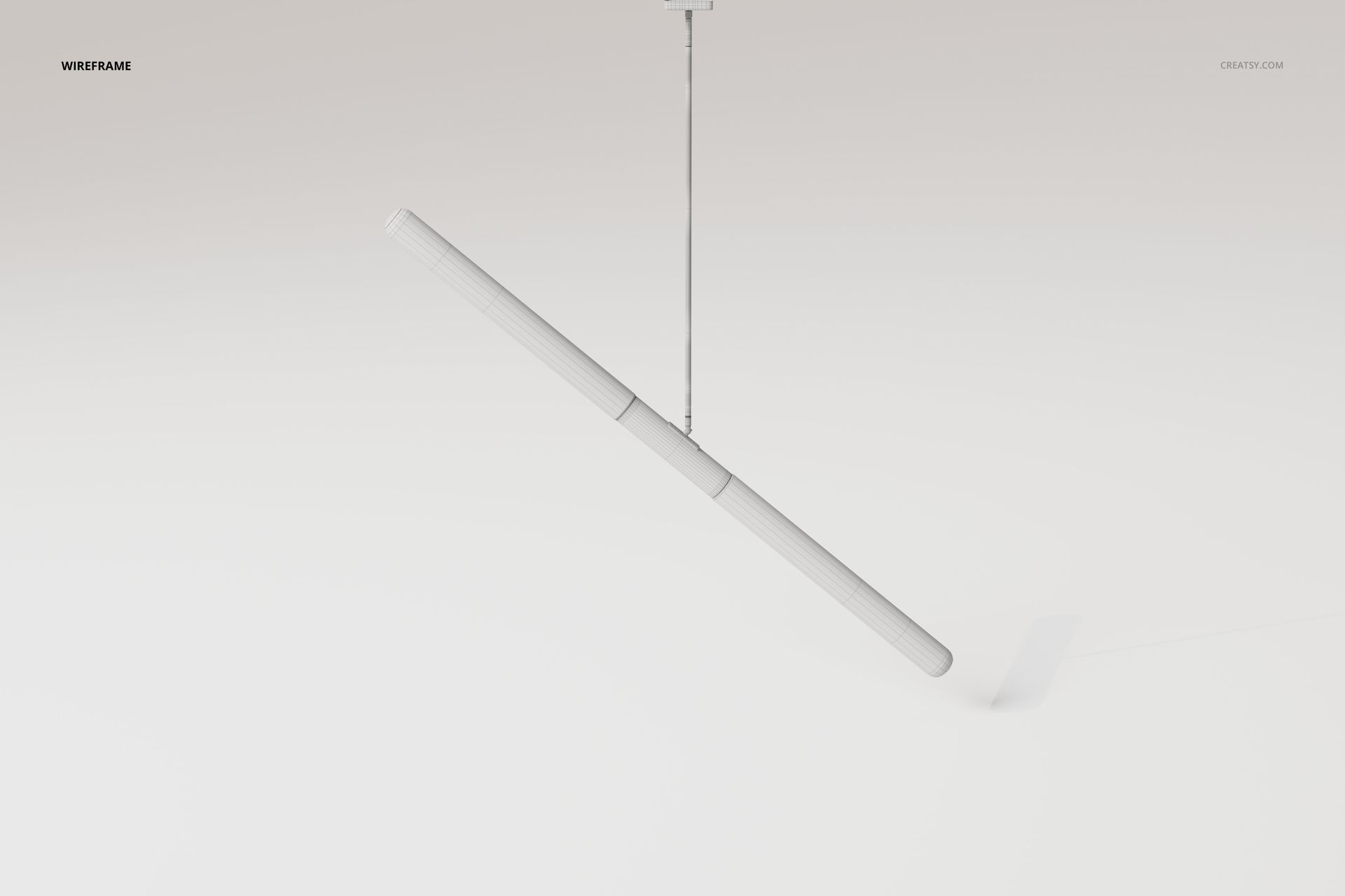 Industrial tube pendant lamp in a wireframe style, suspended at an angle against a plain white background.