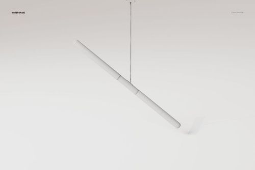 Industrial tube pendant lamp in a wireframe style, suspended at an angle against a plain white background.