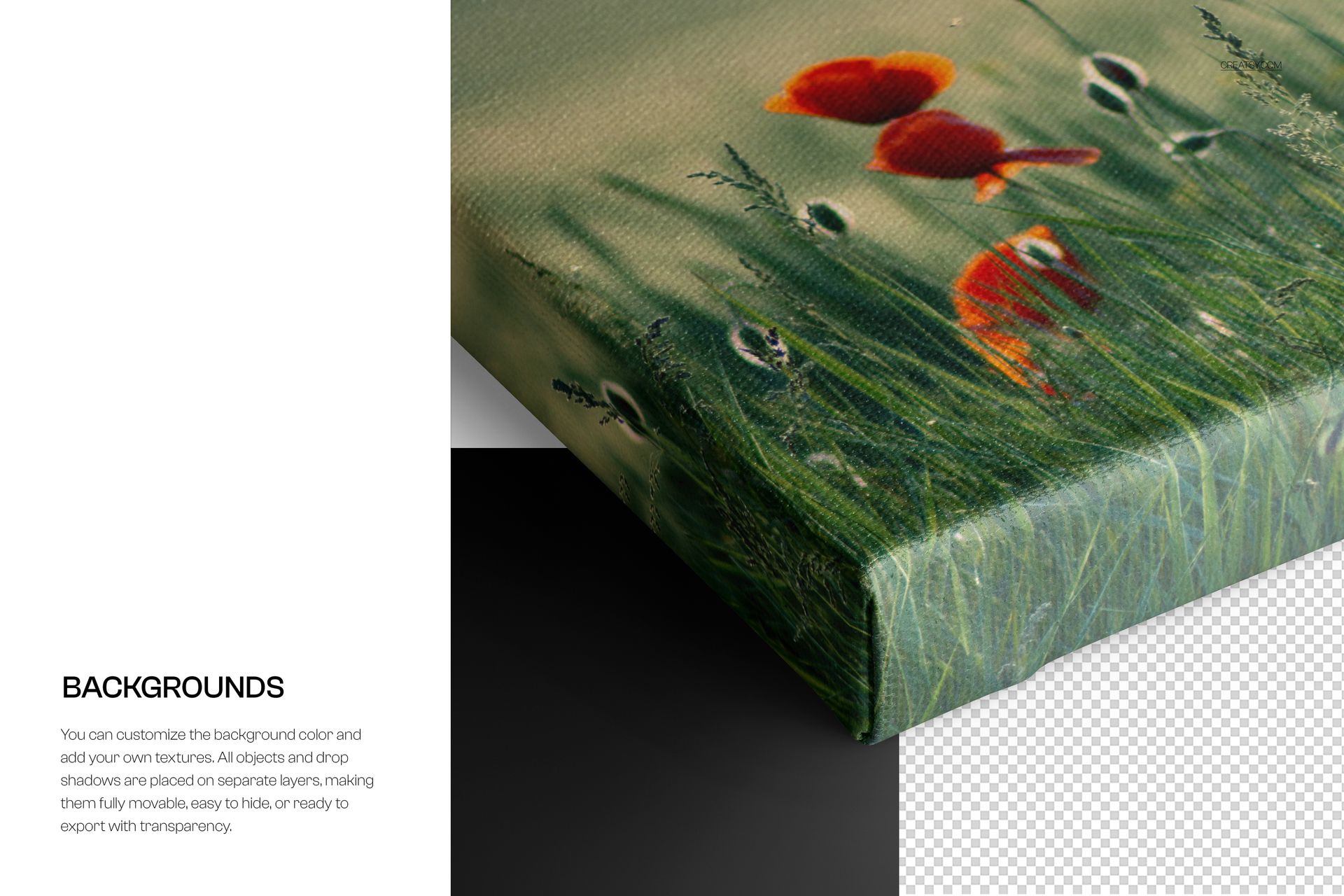 Detailed view of a canvas print mockup showing textured surface with a floral design, corner and edge visible.
