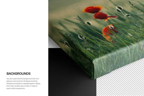 Detailed view of a canvas print mockup showing textured surface with a floral design, corner and edge visible.