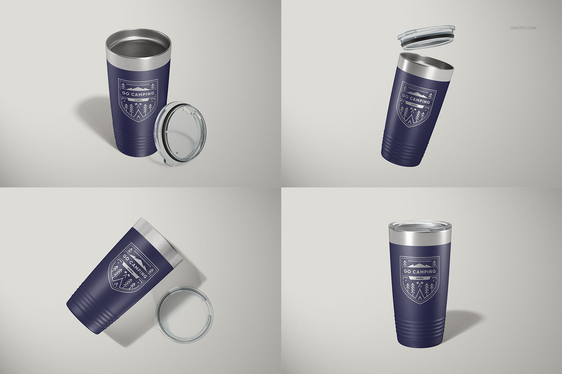 Four views of a 20oz stainless steel tumbler mockup with dark blue exterior and silver lid, shown on a light background.