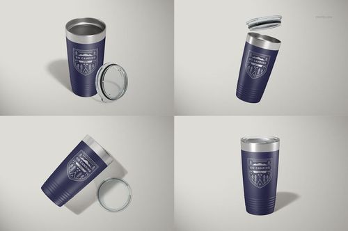 Four views of a 20oz stainless steel tumbler mockup with dark blue exterior and silver lid, shown on a light background.