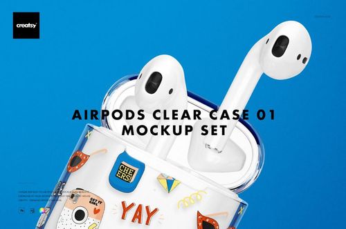AirPods clear case mockup featuring colorful stickers and white AirPods, displayed against a solid blue backdrop.