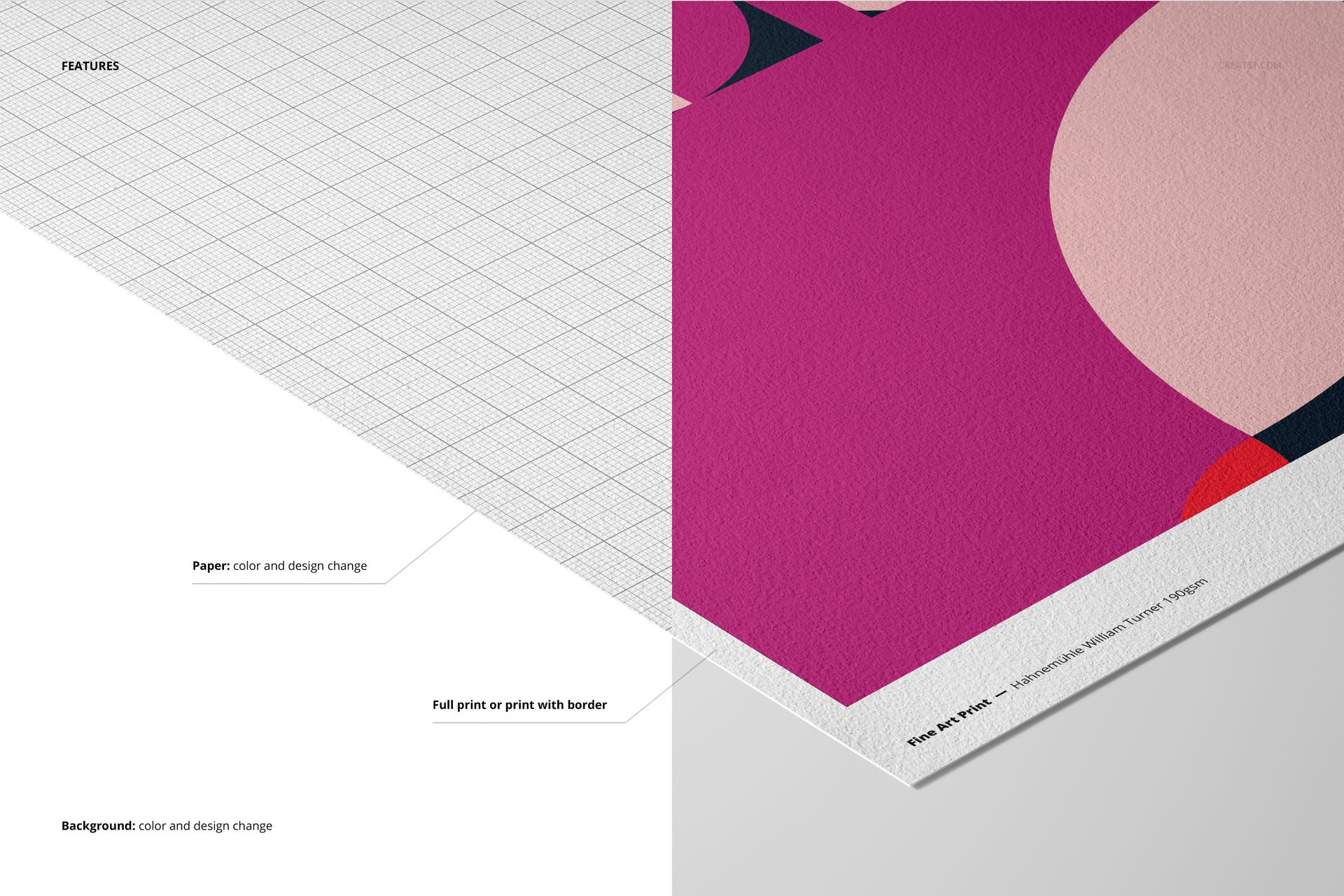 A3 fine art print mockup showing a close-up of textured paper with a vibrant geometric pattern on a split background.